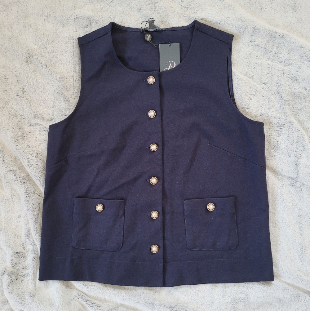 Adrianna Papell Womens Small Crew Neck Ponte Knit Button Front Vest Blue